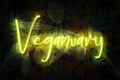 Veganuary Neon Sign on a Dark Plant decorated Wooden Wall 3D illustration