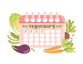 Veganuary. Pink calendar in cartoon style. Planning schedule with marked days, tracker good habits. Fresh seasonal