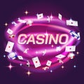 Vegas casino background, gamble poker. Retro golden cash and cards, luxury business money. 3d realistic elements on neon