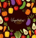 Vegatables healthy and delicious lettering and bundle of vegatbles icons over a black background