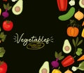 Vegatables healthy and delicious lettering and set of vegatbles icons on a black background