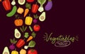 Vegatables healthy and delicious lettering and set of vegatbles icons on a brown background