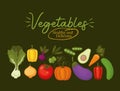 Vegatables healthy and delicious lettering and set of vegatbles icons