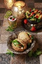 Vege burger bun with vegetables and fruits