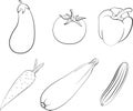 Coloring page and illustration of vegetables. Set of vegetables. Eggplant, tomato, pepper, carrot, squash and cucumber in vector.