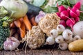 Vegetable. Assortment of fresh vegetable on rustic old oak table. Vegetable from market place