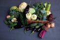 Vegetable basket. Fresh vegetables on the table black background. Set of food delivery box. Broccoli, cabbage, eggplant Royalty Free Stock Photo