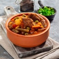 Vegetable beef stew with potato, green beans, carrot, peas and corn, in ceramic bowl, square format Royalty Free Stock Photo