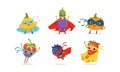 Vegetable and Berry Superheros Rushing to the Rescue Vector Set