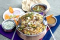 Vegetable biryani, eggplant curry,tandoori roti, Royalty Free Stock Photo