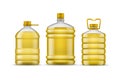 Vegetable bottle oil. Different packaging plastic full bottles. Realistic huge transparent containers for liquid. 3D