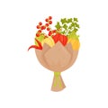 Vegetable bouquet in paper. Composition made of fresh pepper, branches of cherry tomatoes and parsley. Flat vector icon