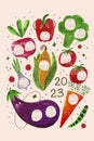 Vegetable calendar 2023. Watercolor vegetable poster, tomatoes, eggplant, broccoli, roots, corn, pepper. Hand drawn