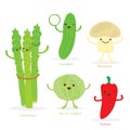 Vegetable Cartoon Cute Set Asparagus Cucumber Pepper Cabbage Mushroom Vector