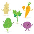 Vegetable Cartoon Cute Set Bamboo Shoot Carrot Kale Cabbage Coriander Vector