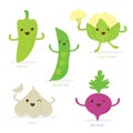 Vegetable Cartoon Cute Set Pepper Green Pea Cauliflower Garlic Beetroot Vector