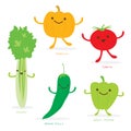 Vegetable Cartoon Cute Set Pumpkin Tomato Green Chili Sweet Pepper Celery Vector