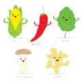 Vegetable Cartoon Cute Set Red Chili Corn Spinach Ginger Eringii Mushroom Vector Royalty Free Stock Photo