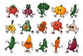 Vegetable character. Cartoon retro mascot vegetables. Funny green vitamin plant food, cute tomato, running pumpkin