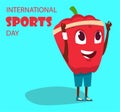 Vegetable character. International sport day card. Cute red pepper doing fitness exercise. Healthy gym training. Happy