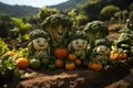 Vegetable characters on sun-kissed realistic farm in blurred background. AI generated.
