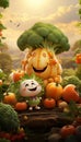 Vegetable characters. Veggies and fruits face in mystery fantasy farm. AI generated.