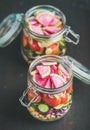 Vegetable, chickpea sprout salad in jars, dark scorched wooden background