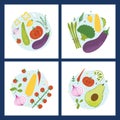 Vegetable circle compositions set. Trendy flat hand drawn posters with vegan food.