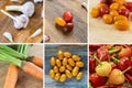 Vegetable collage fresh orange carrots and cherry tomatoes, garlic and hot chili peppers Royalty Free Stock Photo