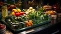 Vegetable compartment of the refrigerator full of fresh vegetables. Open fridge, drawer filled with fresh vegetables