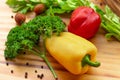 Vegetable composition and food background. Bell pepper, herbs, seasoning for food preparation. Ingredient for vegetarian
