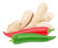 Vegetable composition: red and green hot chili pepper, and ginger. On white background.
