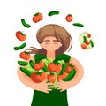 Vegetable conservation, gardening. girl holds vegetables in hands - tomato, cucumber. seasoning. vector illustration