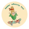 Vegetable corncob is actively involved in sports demonstrating a healthy lifestyle. Doodles hand drawn funny color vector