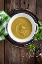Vegetable cream soup, puree on wooden rustic table Royalty Free Stock Photo