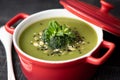 Vegetable cream soup with spinach, broccoli and seeds Royalty Free Stock Photo