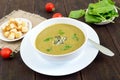 Vegetable cream soup with spinach and potatoes in a white bowl with garlic croutons on a dark wooden background. Royalty Free Stock Photo