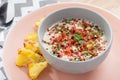 Vegetable cream soup veloute in bowl with croutons