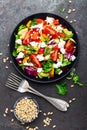 Vegetable dish, salad with avocado, pepper, tomato, italian mix, fresh lettuce, feta cheese and pine nuts. Healthy food Royalty Free Stock Photo