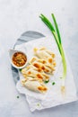 Vegetable empanadas with chimichurri sauce. Latin American cuisine