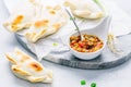 Vegetable empanadas with chimichurri sauce. Latin American cuisine