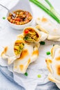 Vegetable empanadas with chimichurri sauce. Latin American cuisine