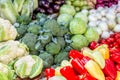 Vegetable farmer market counter. Colorful heap of various fresh organic healthy vegetables at grocery store. Healthy natural food Royalty Free Stock Photo