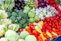 Vegetable farmer market counter. Colorful heap of various fresh organic healthy vegetables at grocery store. Healthy Royalty Free Stock Photo