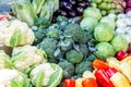 Vegetable farmer market counter. Colorful heap of various fresh organic healthy vegetables at grocery store. Healthy natural food