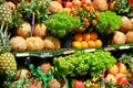 Vegetable farmer market counter: colorful various fresh organic healthy vegetables at grocery store. Healthy natural food concept Royalty Free Stock Photo