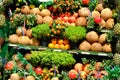 Vegetable farmer market counter: colorful various fresh organic healthy vegetables at grocery store. Healthy natural food concept Royalty Free Stock Photo