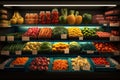Vegetable farmer market counter: colorful various fresh organic healthy vegetables at grocery store. Healthy natural Royalty Free Stock Photo