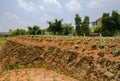 Vegetable field outside fenced villas on hill in sunny summer