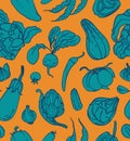 Vegetable flat vector seamless pattern on orange background Harvest Pumpkin, plum, beans, beetroot, eggplant, pepper, cucumber and